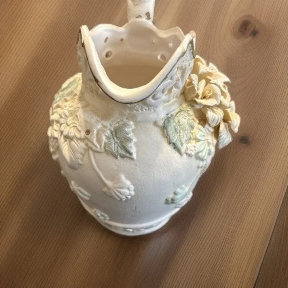 Capodimonte Porcelain Floral Pitcher Vase Reticulated Scalloped 7
